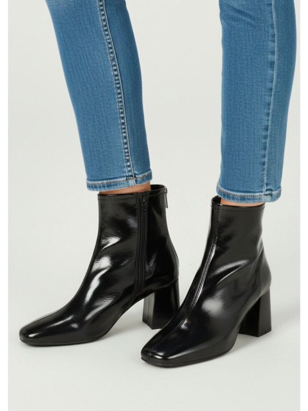 Black Patent Leather Ankle Boots With Square Toe & Block Heel For Women Side Zip